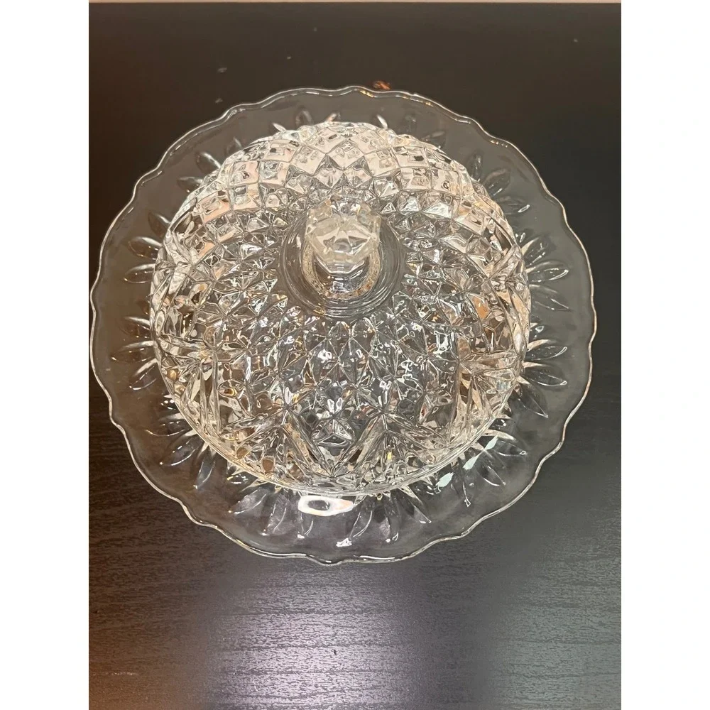 Anchor Hocking Butter Dish Clear Prescut Star of David Round‎ Covered Vintage 7